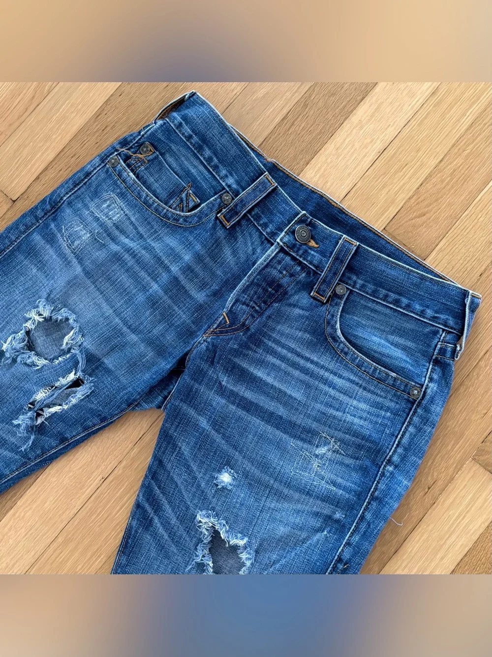 Vintage True Religion Geno Pony Hair Patch Distressed Denim Jorts Cutoff 31/32